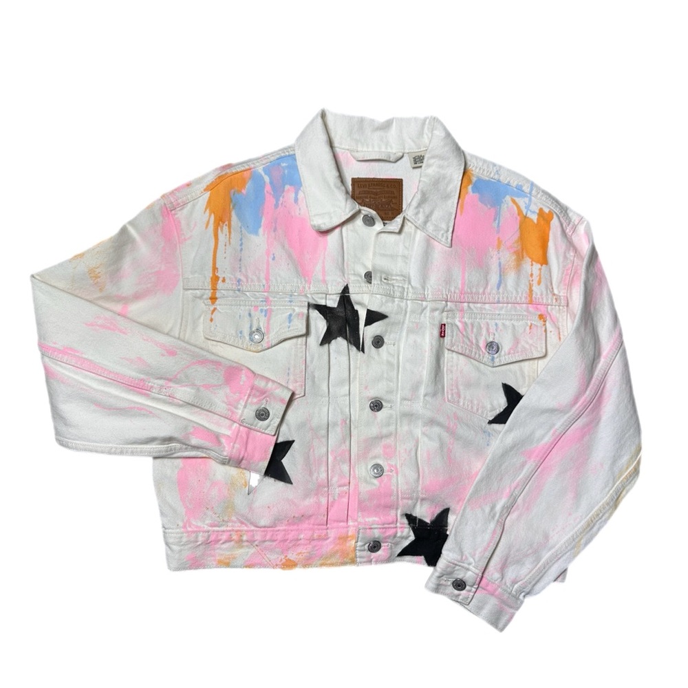 Levi's Premium White Tie-Dye Stars Trucker Denim Jacket In Size M